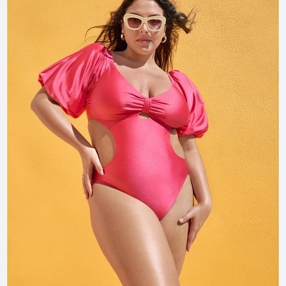 Fe Noel x Target Vibrant Pink Metallic Cutout Puff Sleeve Swimsuit - Picture 1 of 6
